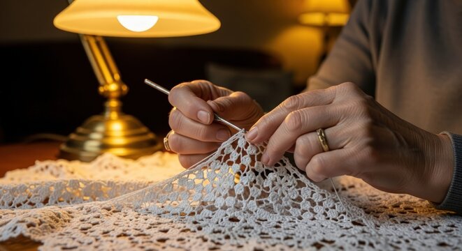 Close-up of a person's hands carefully crocheting a delicate white lace doily under the warm glow of a desk lamp.