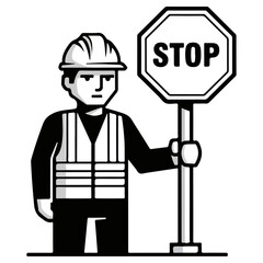Construction Worker Holding Stop Sign.