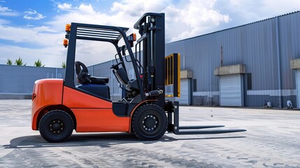 Forklift truck with a compact yellow metal body, a hydraulic lifting mast, and two front forks, operating in a warehouse or logistics center to lift and move wooden pallets stacked with boxes, equippe