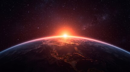 Obraz premium Majestic sunrise over Earth?s horizon, illuminating clouds and ocean, with stars in the background