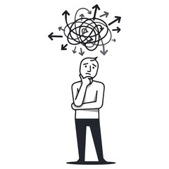 Confused man with tangled thoughts and arrows illustration.