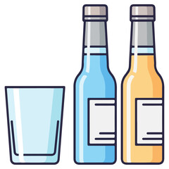 Vector illustration of two bottles and a drinking glass.