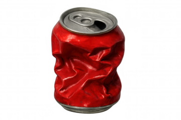 Crumpled aluminum soda can lying on transparent surface, representing sustainability and recycling efforts