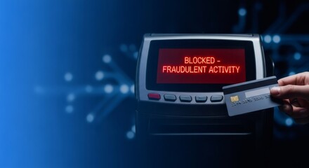 Hand of a woman holding a credit card rejected due to fraudulent activity. Concept of financial fraud, cyber security, and identity theft protection.