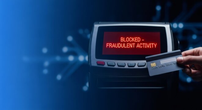 Hand of a woman holding a credit card rejected due to fraudulent activity. Concept of financial fraud, cyber security, and identity theft protection.