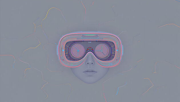 A futuristic virtual reality headset with glowing accents hovers over a stylized, ethereal human face, suggesting an immersive digital experience and advanced technology