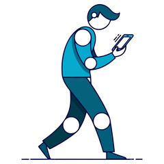 Man walking and looking at his smartphone screen illustration.