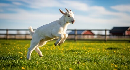 Obraz premium A playful white goat kid leaps in a vibrant green pasture.