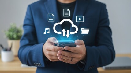 Man using smartphone with cloud computing interface on hand