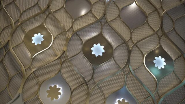 Glimmering decoration in theatre hall displays stylish Tatar curves. Soft light enhances mystique identity and ornamental character