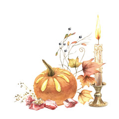 Watercolor autumn pumpkin lantern, fall leaves and vintage candle illustration. Warmth holiday design. Hand drawn graphics isolated on white background. For sticker, invitation, poster, cards.