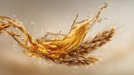 Golden Splash of Liquid Over Single Spike of Wheat in High Fidelity