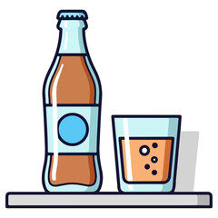 Refreshing beverage bottle and glass on a shelf.