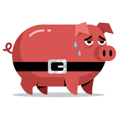 Sad piggy bank with a tightened belt symbolizing financial hardship.