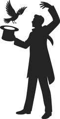 Magician silhouette performing classic trick with bird and top hat, illusionist show act, stage magic, vector art, entertainment concept, black graphic