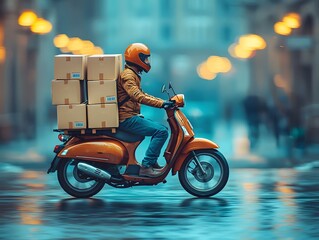 A delivery person rides an orange scooter laden with packages through a wet urban street at dusk