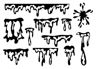 Collection black dripping paint shapes and liquid splatter silhouette on white background. For horror or different decor.