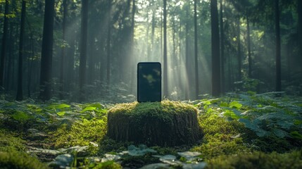 Smartphone on mossy forest stump, sunlight beams