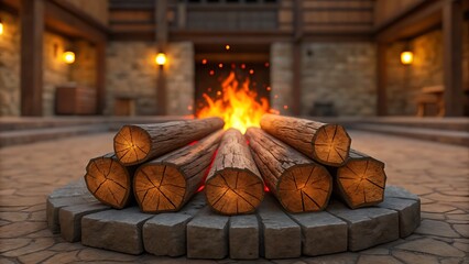Burning campfire with stacked wooden logs in outdoor stone fireplace