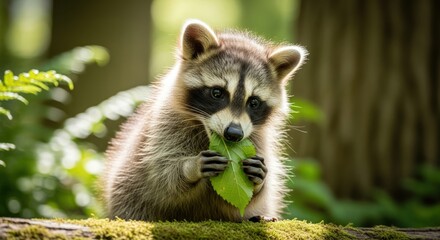 Fototapeta premium A raccoon sits on a mossy log, holding a green leaf in its paws and eating it.