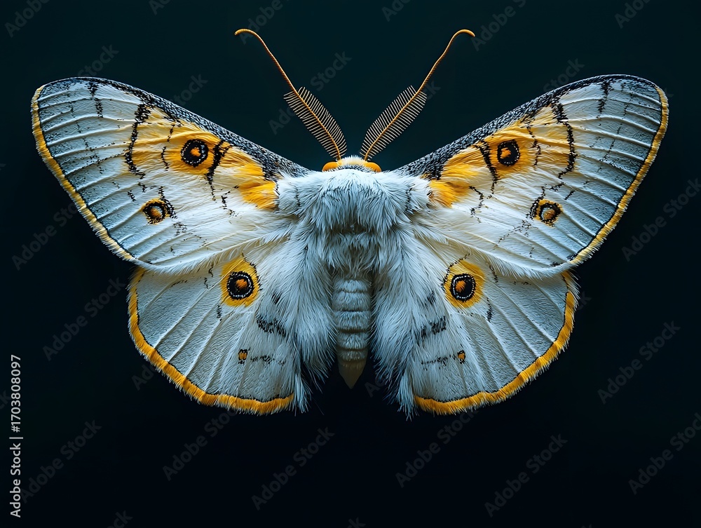 Aufkleber a detailed ro portrait of a fuzzy colorful moth with intricate wing patterns set against a dark back