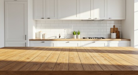 Rustic Wooden Table in Bright Modern White Kitchen with Sunlit Window