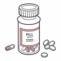 A simple line drawing illustration of a pill bottle with a cap and label containing several pills with additional pills scattered around the bottle on a white background