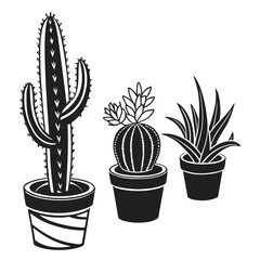 A trio of stylized black and white potted succulent and cactus plants arranged in a simple graphic illustration on a white background perfect for decorative design