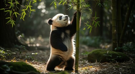 A panda bear standing on its hind legs, reaching for bamboo in a lush forest.