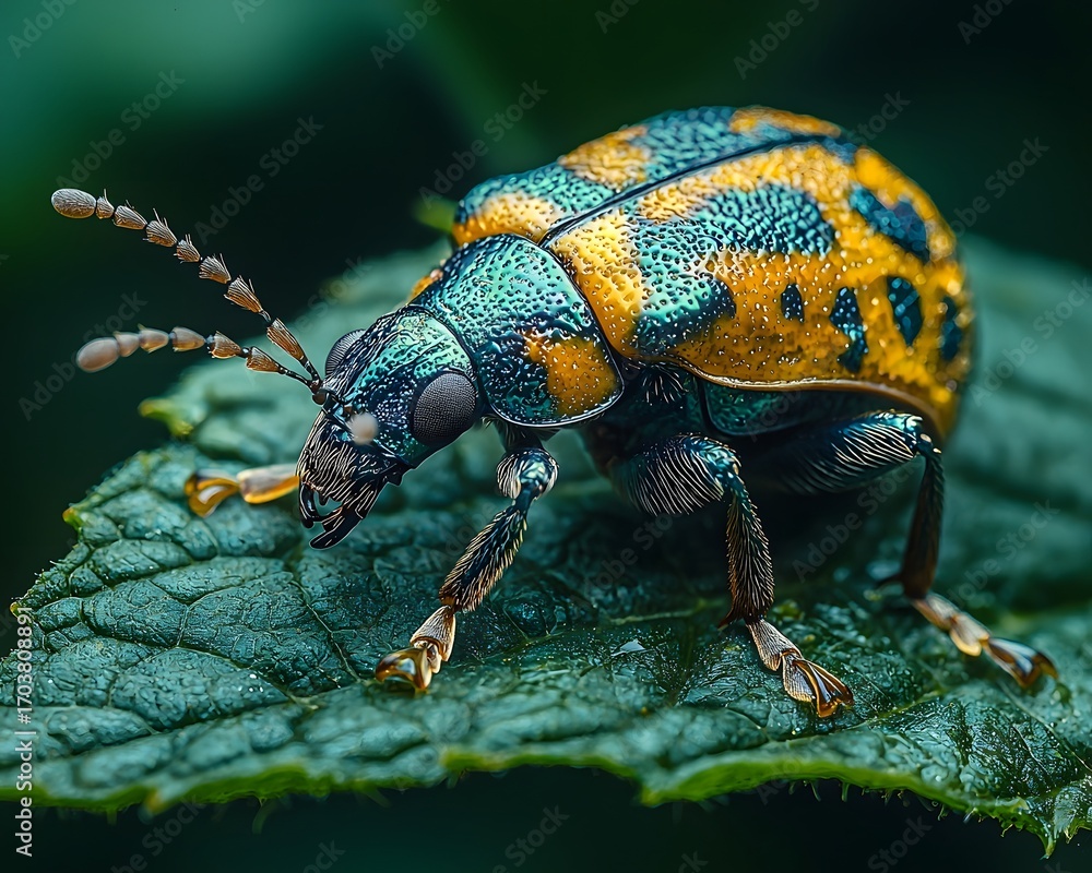 Poster ro photograph of a colorful metallic beetle with intricate patterns perched on a textured green leaf