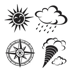 A collection of weather icons including a smiling sun a rain cloud a compass rose and a tornado with surrounding clouds presented in a simple black and white graphic style