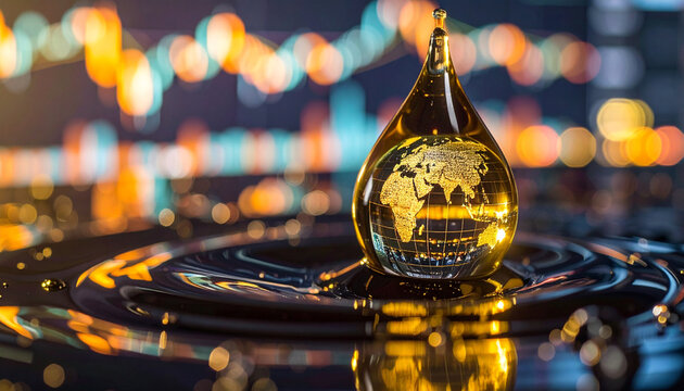 Global Oil Drop: A striking visual, featuring a golden oil drop delicately shaped like the globe, set against the backdrop of financial market graphs, symbolizing the interconnectedness of oil.