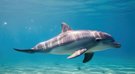 Fototapeta premium A dolphin swims in clear blue water, sunlight reflecting off its smooth skin.