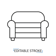 A couch icon in minimalist style with editable stroke. Furniture element, interior object, household utility, home decor, living room design, comfort symbol, domestic equipment, modern concept
