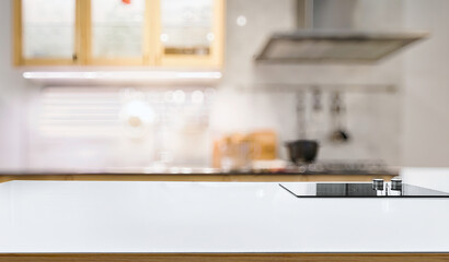 White kitchen counter with cloth and blurred background for mockup