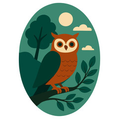 Owl on Branch at Dusk – Forest Bird Oval Badge