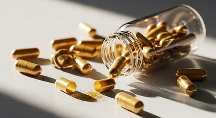 Golden capsules spill from a clear glass jar onto a light gray surface, highlighting the contents and illuminating the healthful supplement.