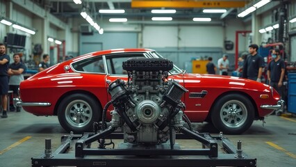 Fototapeta premium Mechanical Masterpiece: A Powerful Engine on Display in a Classic Car Restoration Shop