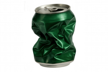 Crumpled green aluminum can lying on transparent surface, symbolizing environmental recycling efforts