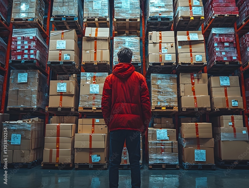 Poster man in red jacket observes stacked boxes in a warehouse symbolizing logistics and organization