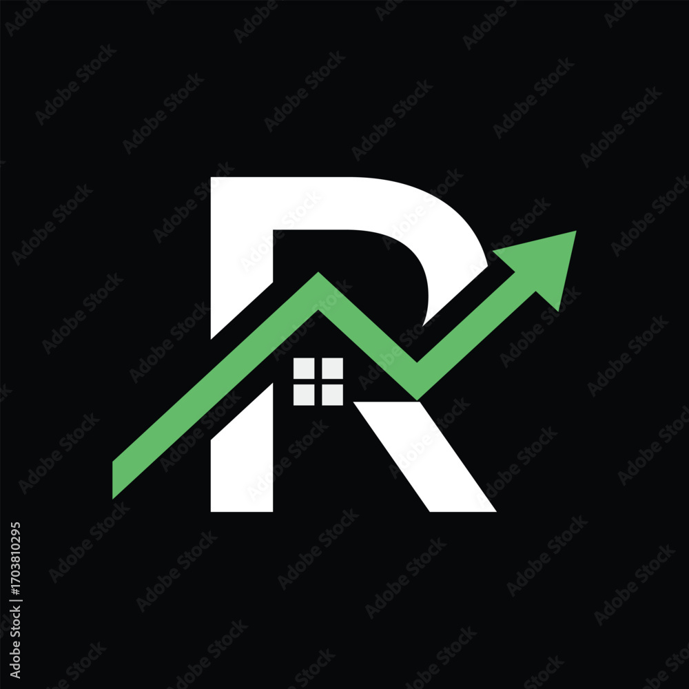 Poster this is a flat logo design of an initial r in combination with a house and a graphic arrow heading u
