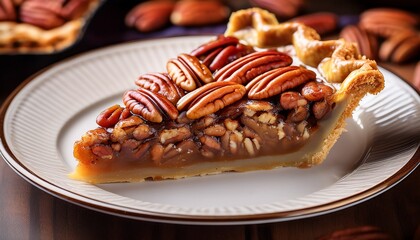 A Slice Of Pecan Pie With A Golden Crust And Rich Nut Filled Filling