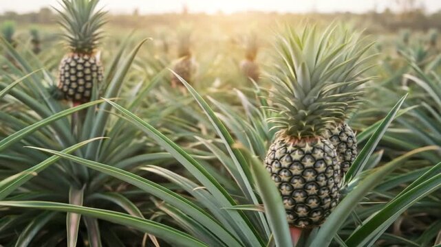 A vibrant pineapple plantation under the warm sun, showcasing rows of ripe pineapples growing in a tropical field.