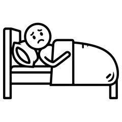 Sad Stick Figure Lying in Bed with Worried Expression.