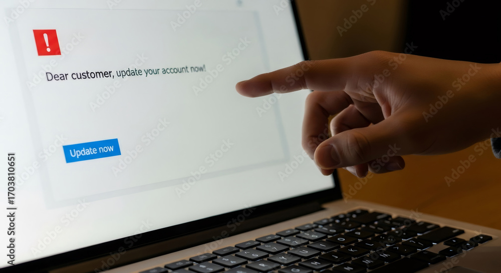 Aufkleber man pointing at a phishing scam warning message on a laptop screen, emphasizing online fraud and dat