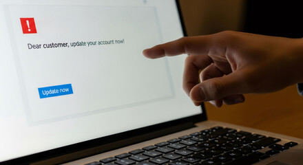Man pointing at a phishing scam warning message on a laptop screen, emphasizing online fraud and data security risk.