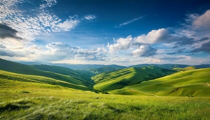 Obraz premium A Serene Landscape Featuring Rolling Green Hills Under A Bright Blue Sky With Scattered Clouds