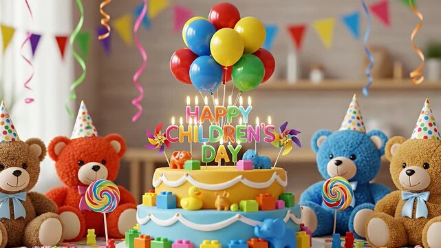 Children's Day Cake Surrounded by Teddy Bears and Balloons happy children's day celebration