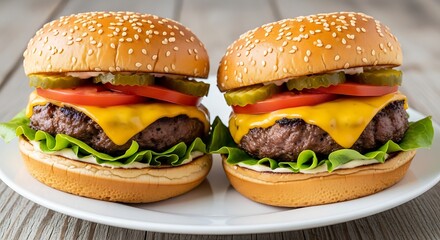 Two Juicy Cheeseburgers on a Plate.