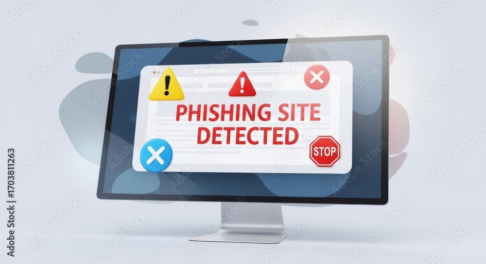 Aufkleber phishing site detected message on a desktop computer screen, cybersecurity concept to alert users to